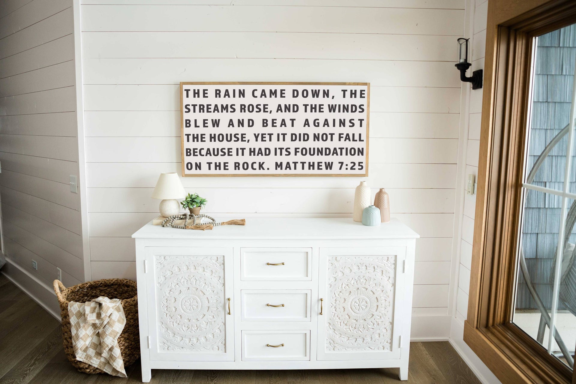 Matthew 7:25: Soft White-Black Text / Dark Brown Frame / 24 inches x 12 inches Joyfully Said