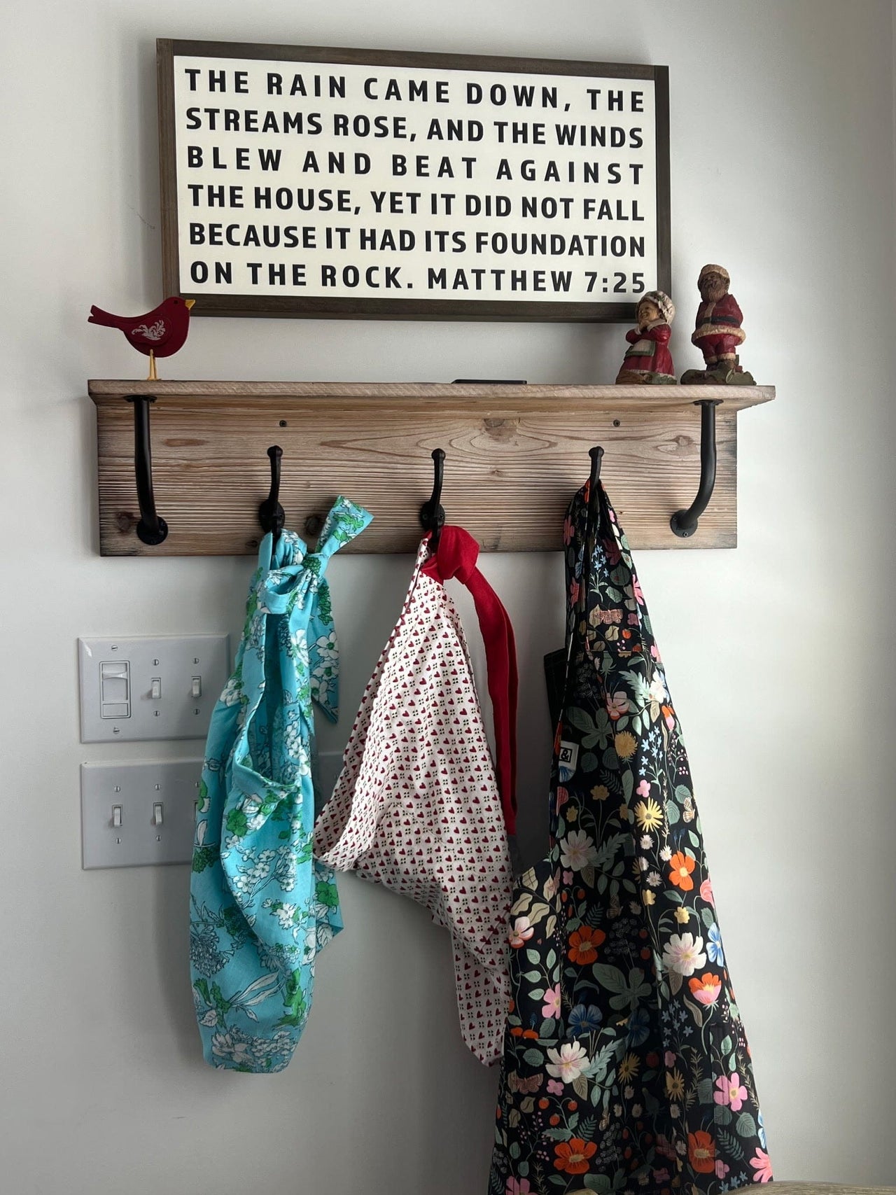 Matthew 7:25: Soft White-Black Text / Dark Brown Frame / 24 inches x 12 inches Joyfully Said Artwork