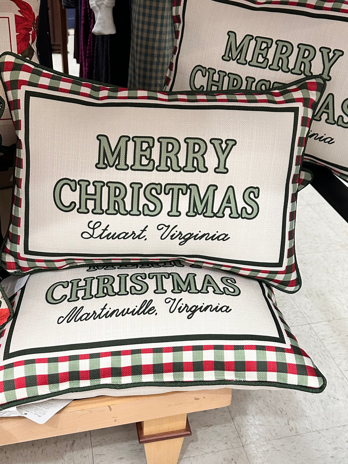 Merry Christmas Gingham Lumbar Pillow, Local Towns Little Birdie Throw Pillows Martinsville