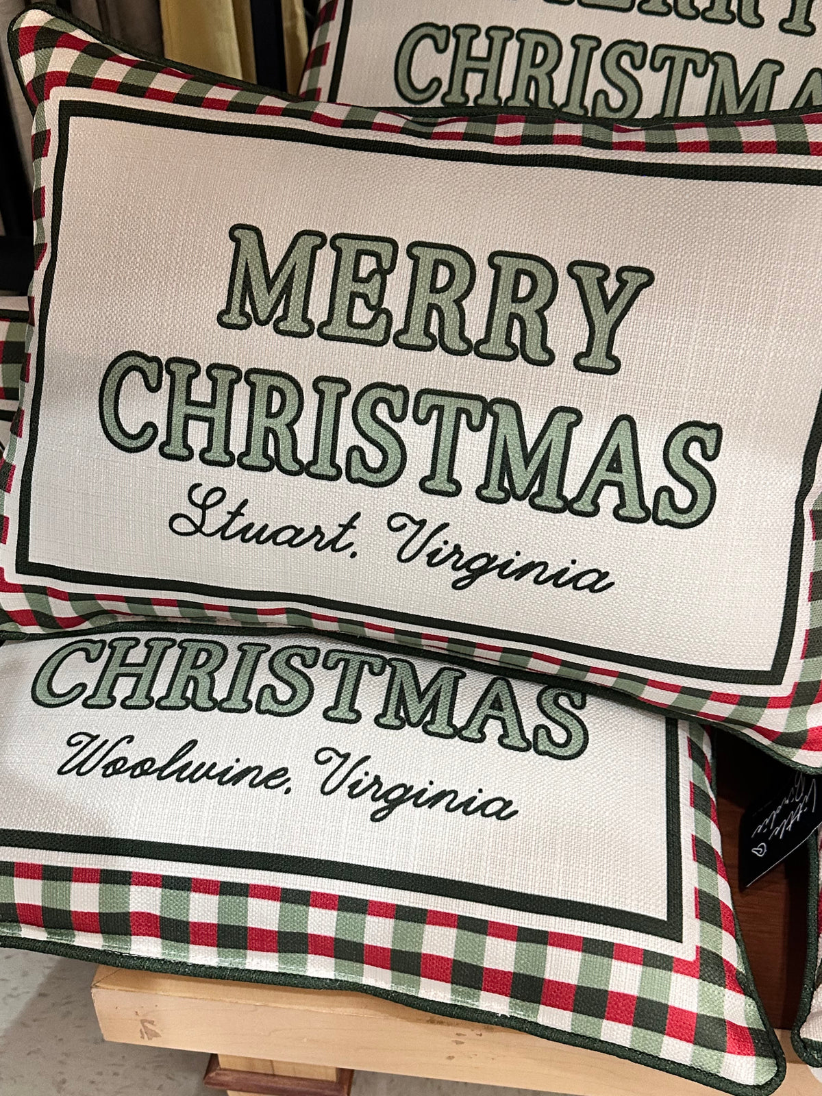 Merry Christmas Gingham Lumbar Pillow, Local Towns Little Birdie Throw Pillows Woolwine