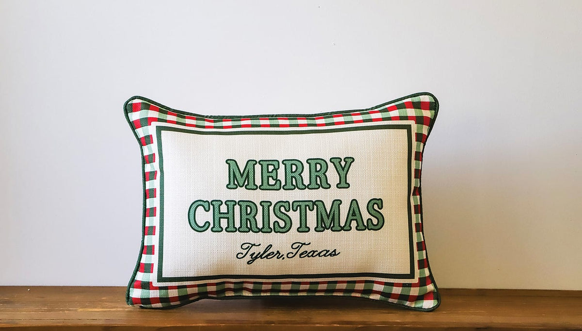 Merry Christmas Gingham Lumbar Pillow, Martinsville, Virginia Little Birdie