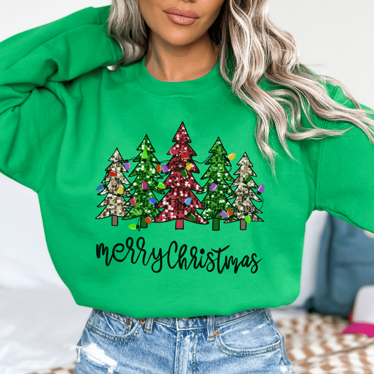 Merry Christmas women's sweatshirt, Sparkling trees, Top: Irish Green / Small ATTA TOOD LLC
