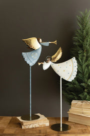 Painted Metal Christmas Angels on Stands, Set of 2, Blue and White Kalalou, Inc.