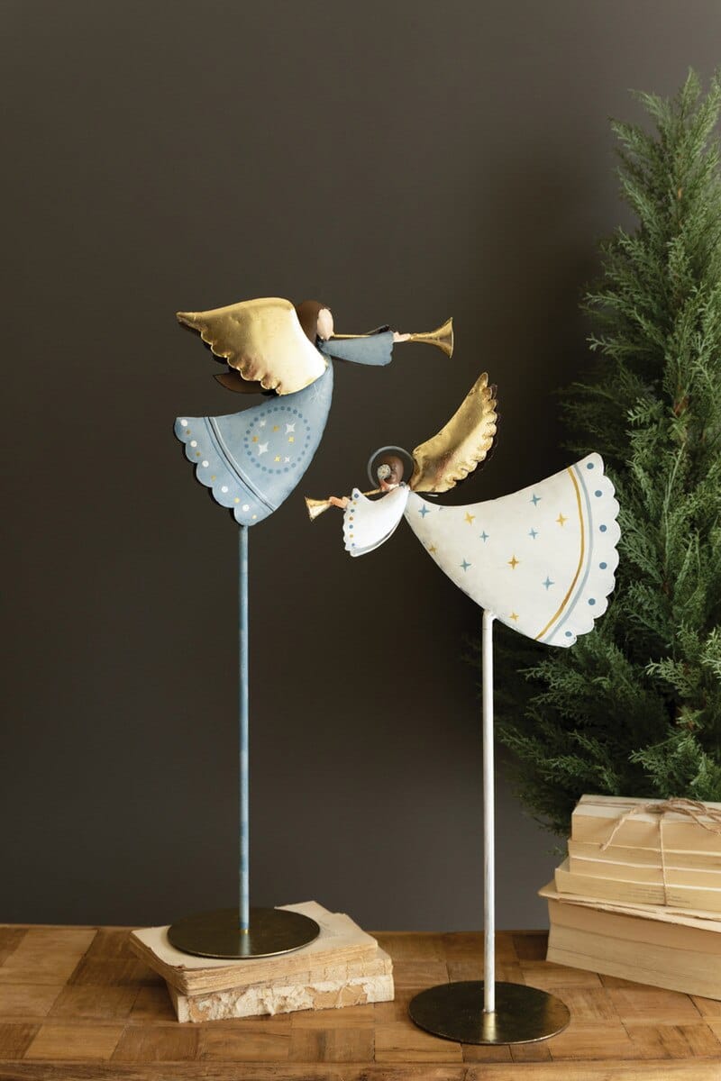 Painted Metal Christmas Angels on Stands, Set of 2, Blue and White Kalalou, Inc.