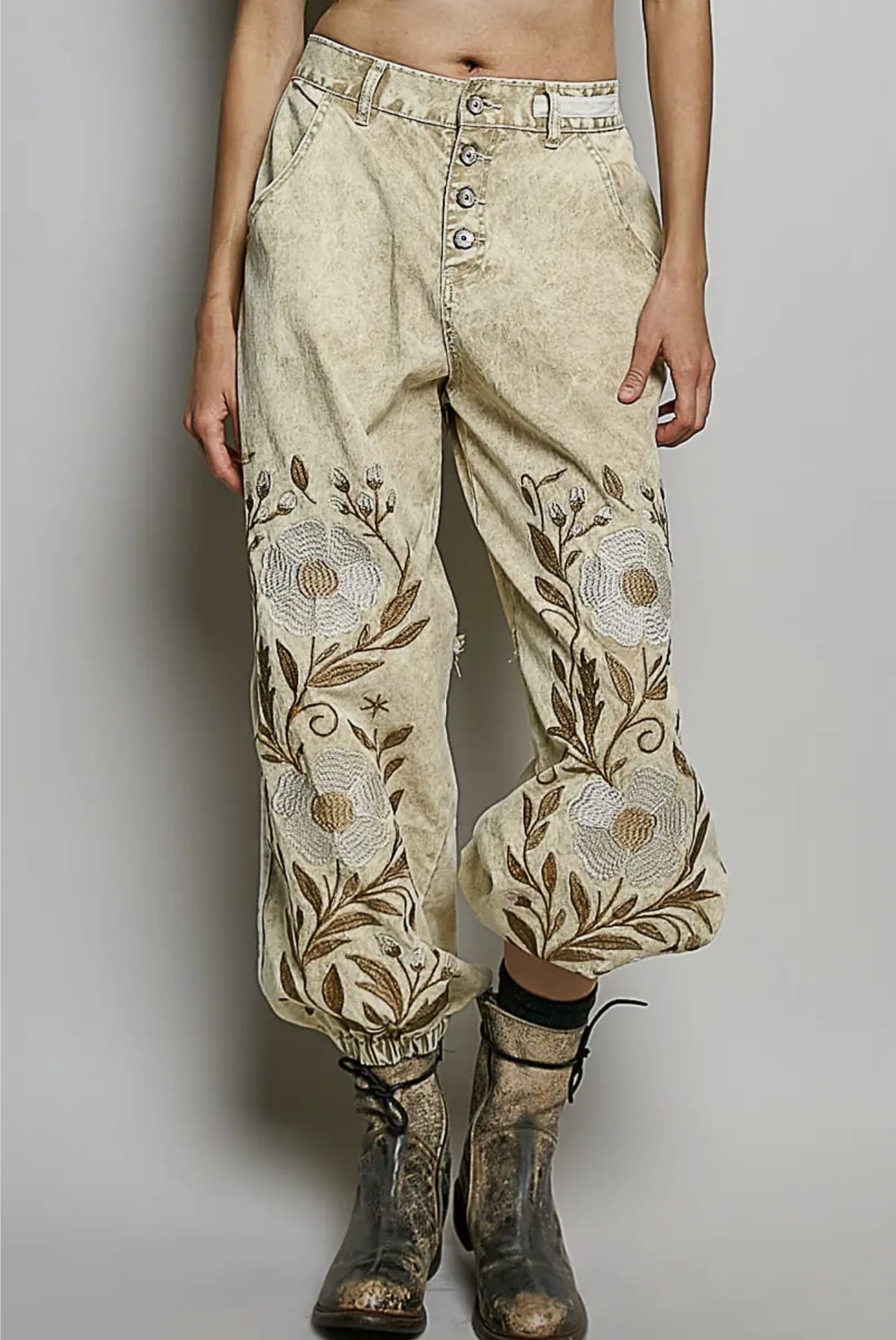 Pant, Embroidered Button Fly Mid Rise - Sand Pol Clothing Casual Pant S