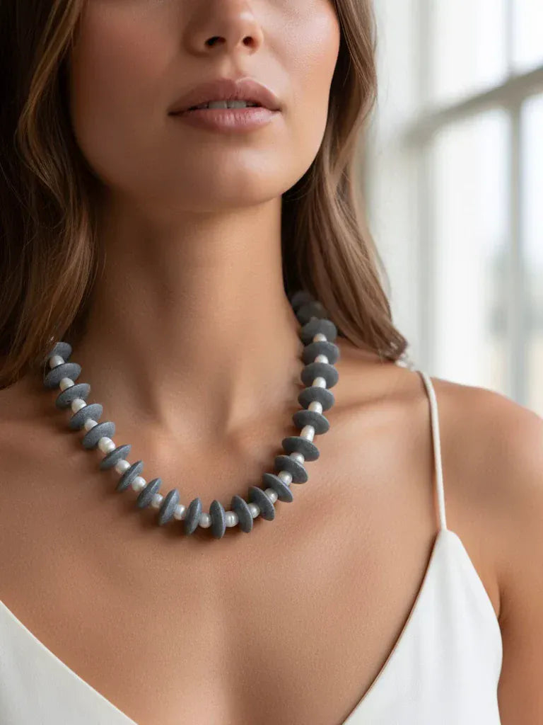 PEARLS GONE WILD Ashanti Glass and Pearl Beaded Necklace - Dk Grey Farrah B Jewelry Necklace