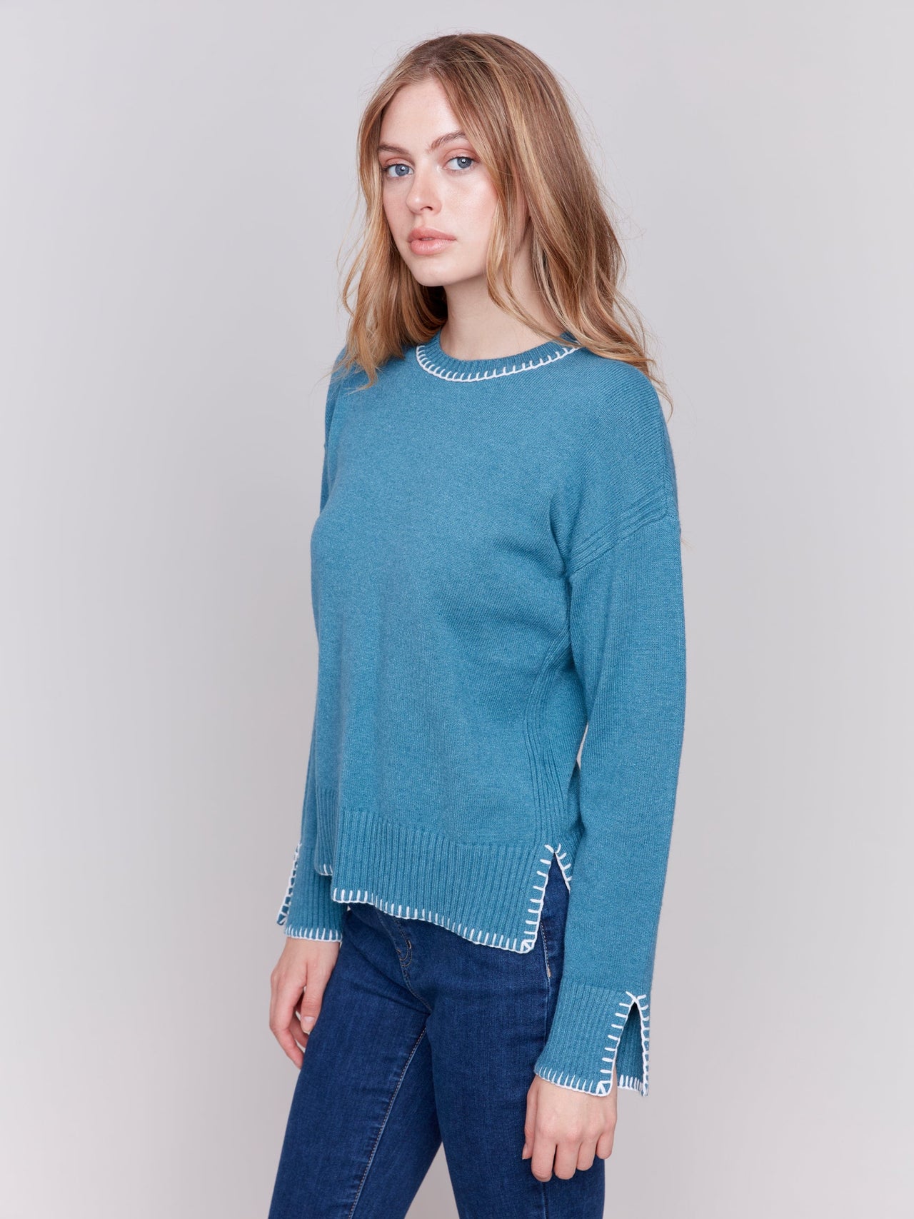 Plushy Crew Neck with Whipstitch Detail Charlie B sweater