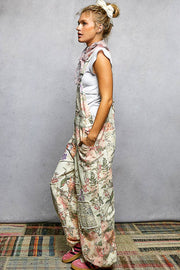 Printed Lace Patch Trim Strap Relaxed Fit Jogger Overall : CREAM FLORAL / S Pol Clothing