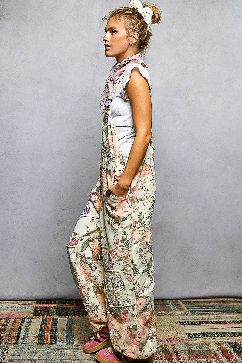 Printed Lace Patch Trim Strap Relaxed Fit Jogger Overall : CREAM FLORAL / S Pol Clothing