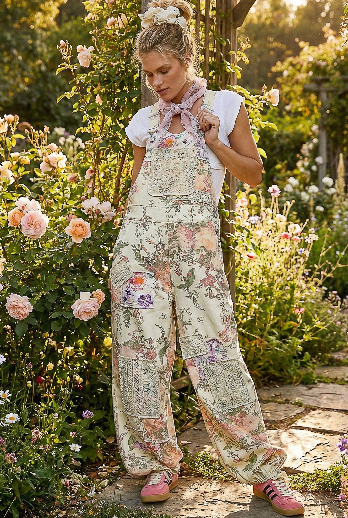 Printed Lace Patch Trim Strap Relaxed Fit Jogger Overall : CREAM FLORAL / S Pol Clothing