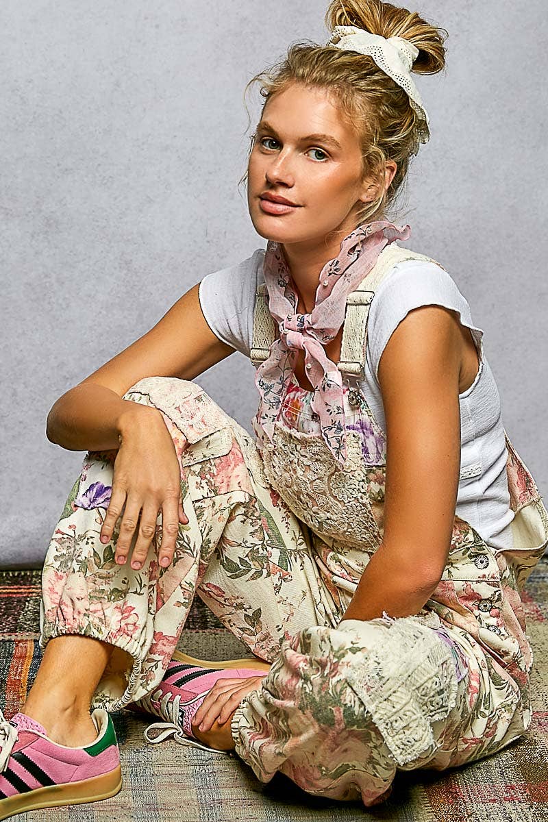 Printed Lace Patch Trim Strap Relaxed Fit Jogger Overall : CREAM FLORAL / S Pol Clothing