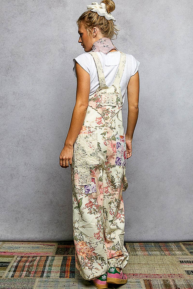 Printed Lace Patch Trim Strap Relaxed Fit Jogger Overall : CREAM FLORAL / S Pol Clothing