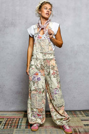 Printed Lace Patch Trim Strap Relaxed Fit Jogger Overall : CREAM FLORAL / S Pol Clothing