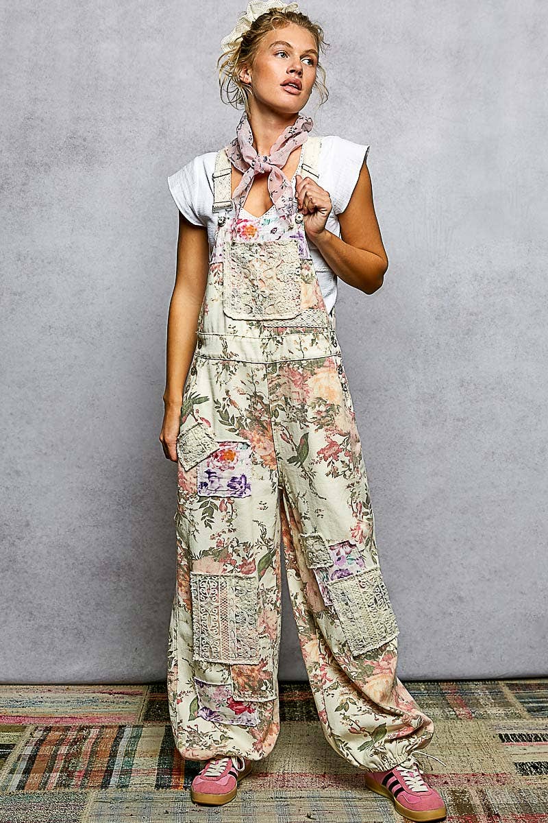 Printed Lace Patch Trim Strap Relaxed Fit Jogger Overall : CREAM FLORAL / S Pol Clothing