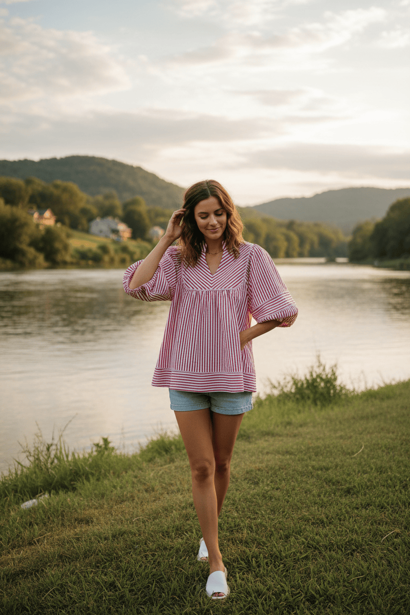 Raspberry Striped 3/4 Sleeve Top Umgee Casual Top