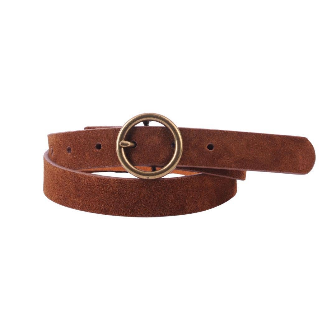 Round Brass Buckle Suede/Genuine Leather Belt｜Minimalist: Camel Suede / S Most Wanted USA