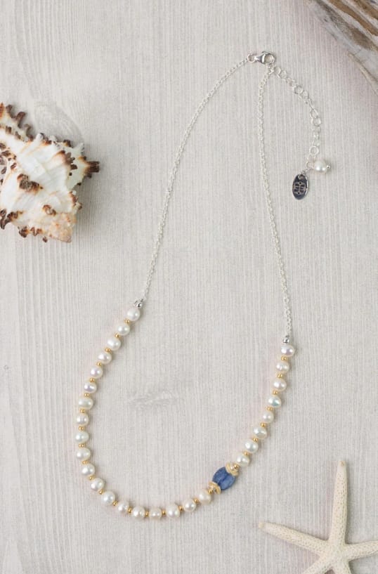 Seaside 16.5-18.5" Pearl with Kyanite Necklace Anne Vaughan Designs Jewelry Necklace