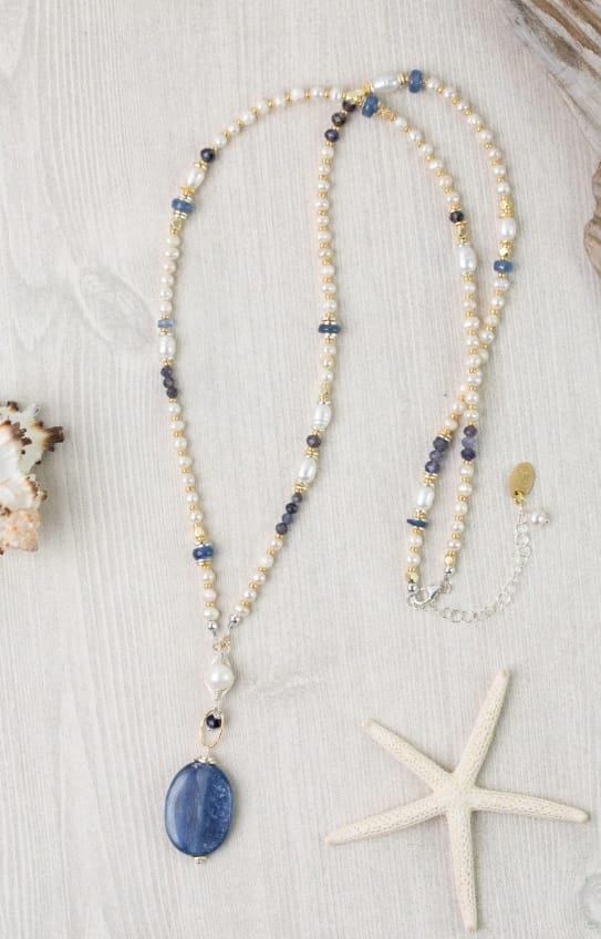 Seaside Kyanite Pearl Collage Necklace 26-28" Anne Vaughan Designs Jewelry Necklace