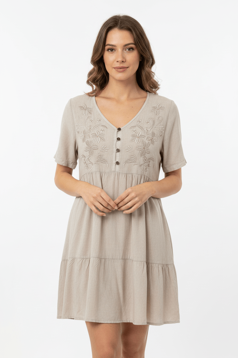 Short Sleeve Embroidered Dress | Champagne Creative Wraps Dresses