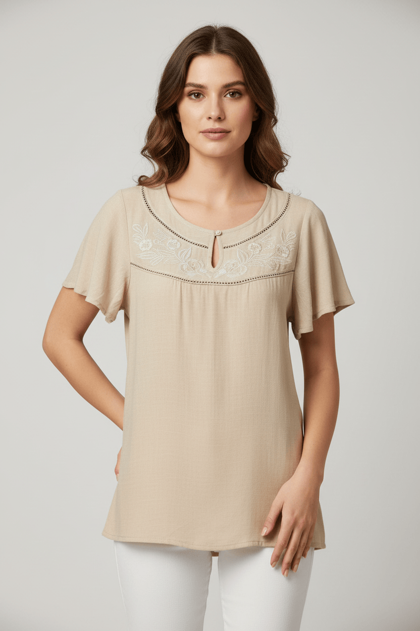 Short Sleeve Embroidered Top | Champagne Creative Wraps Casual Top