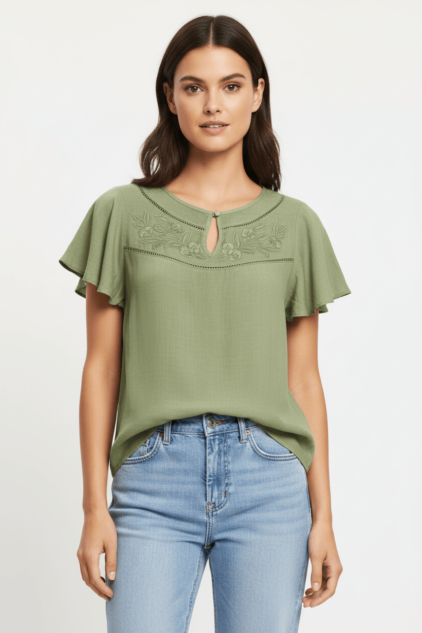 Short Sleeve Embroidered Top | Olive Creative Wraps Casual Top