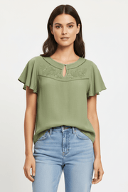 Short Sleeve Embroidered Top | Olive Creative Wraps Casual Top