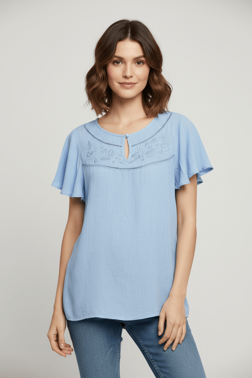 Short Sleeve Embroidered Top | Sky Creative Wraps Casual Top