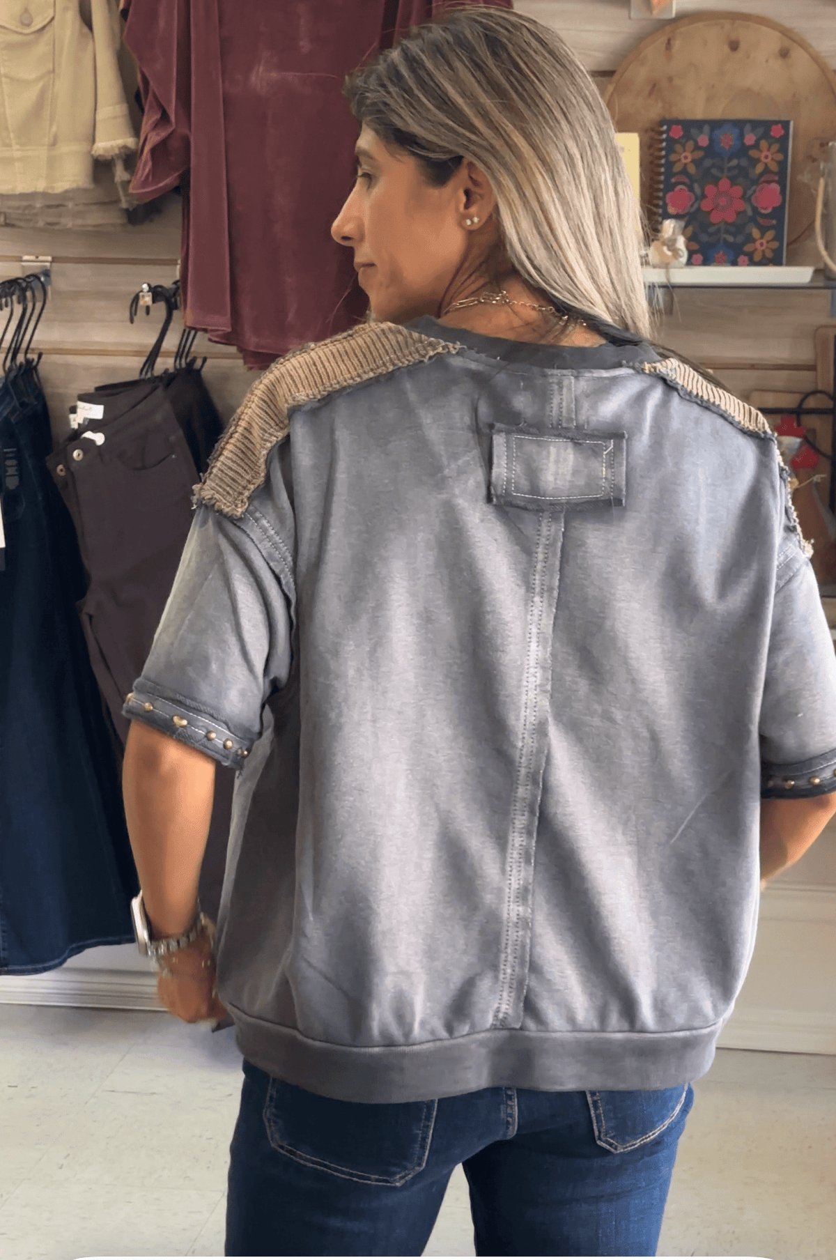 Short Sleeve Pullover Top in Navy Charcoal Pol Clothing Top