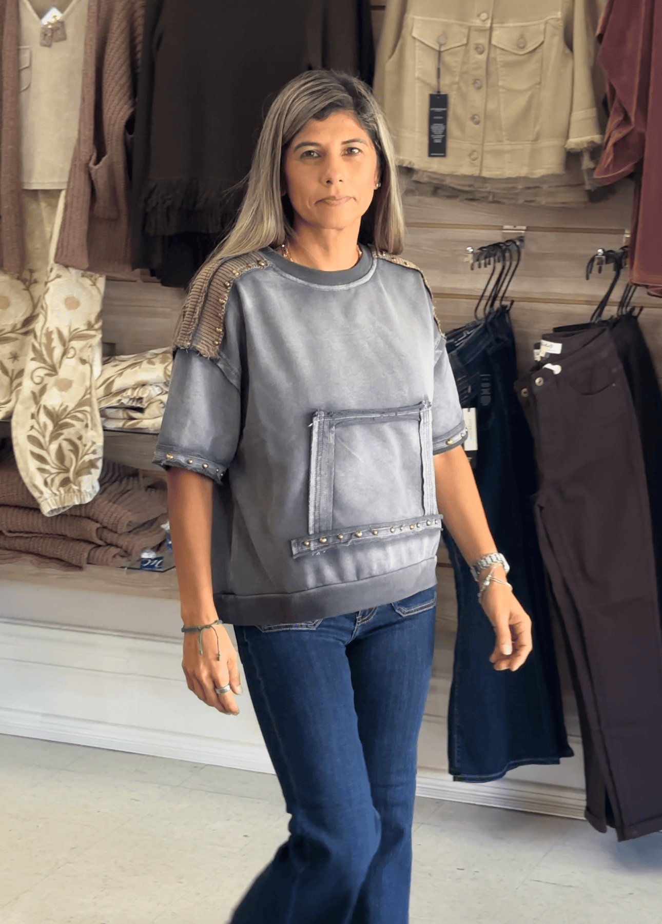 Short Sleeve Pullover Top in Navy Charcoal Pol Clothing Top Small