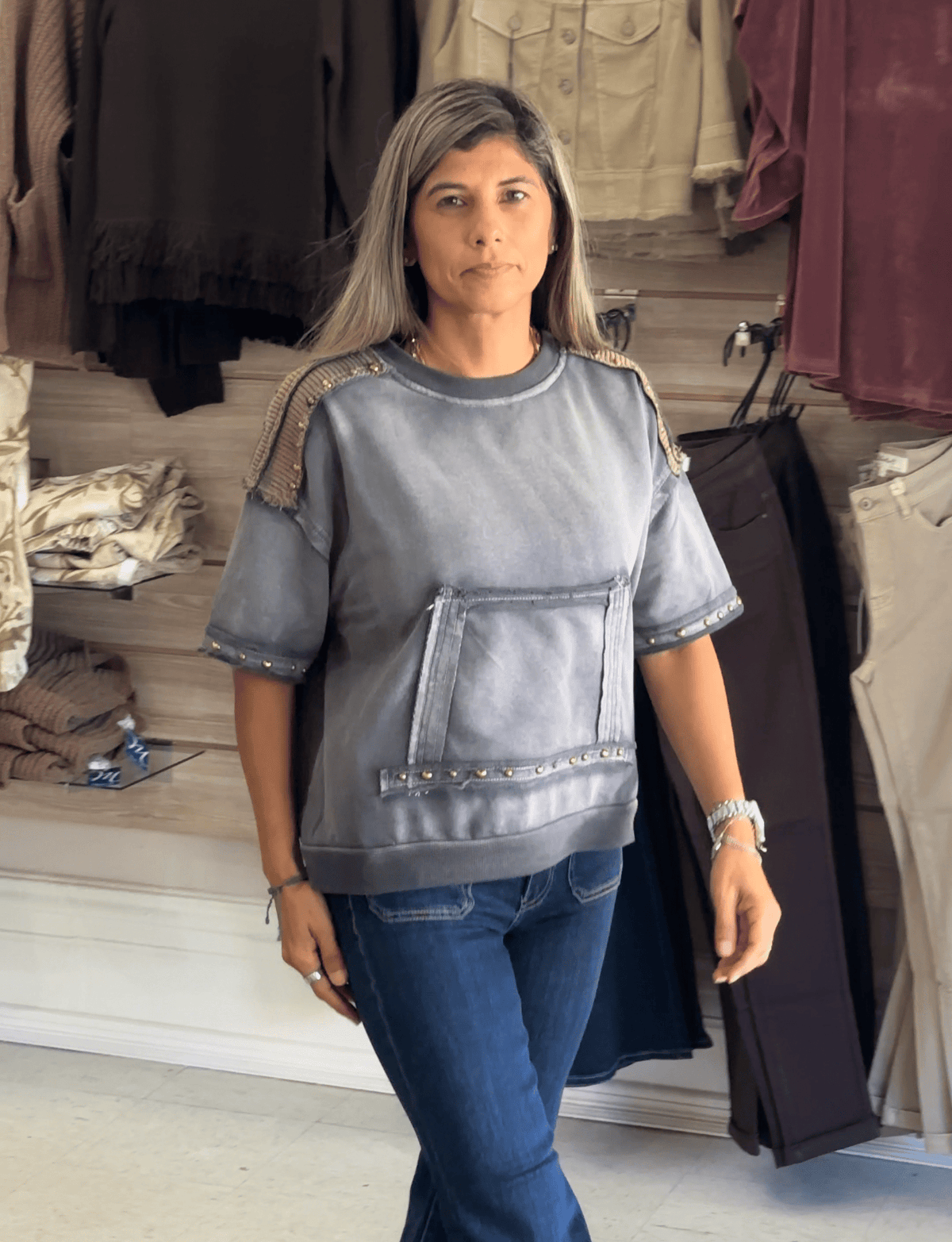 Short Sleeve Pullover Top in Navy Charcoal Pol Clothing Top Medium