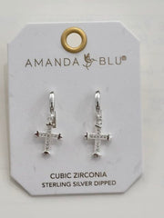 Silver CZ Small Vintage Cross Hoop Earrings Amanda Blu Earrings