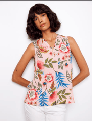 Sleeveless Blouse with Ruffle - Gardenia Print Charlie B Casual Top