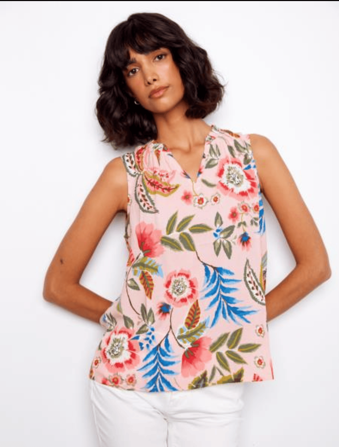 Sleeveless Blouse with Ruffle - Gardenia Print Charlie B Casual Top