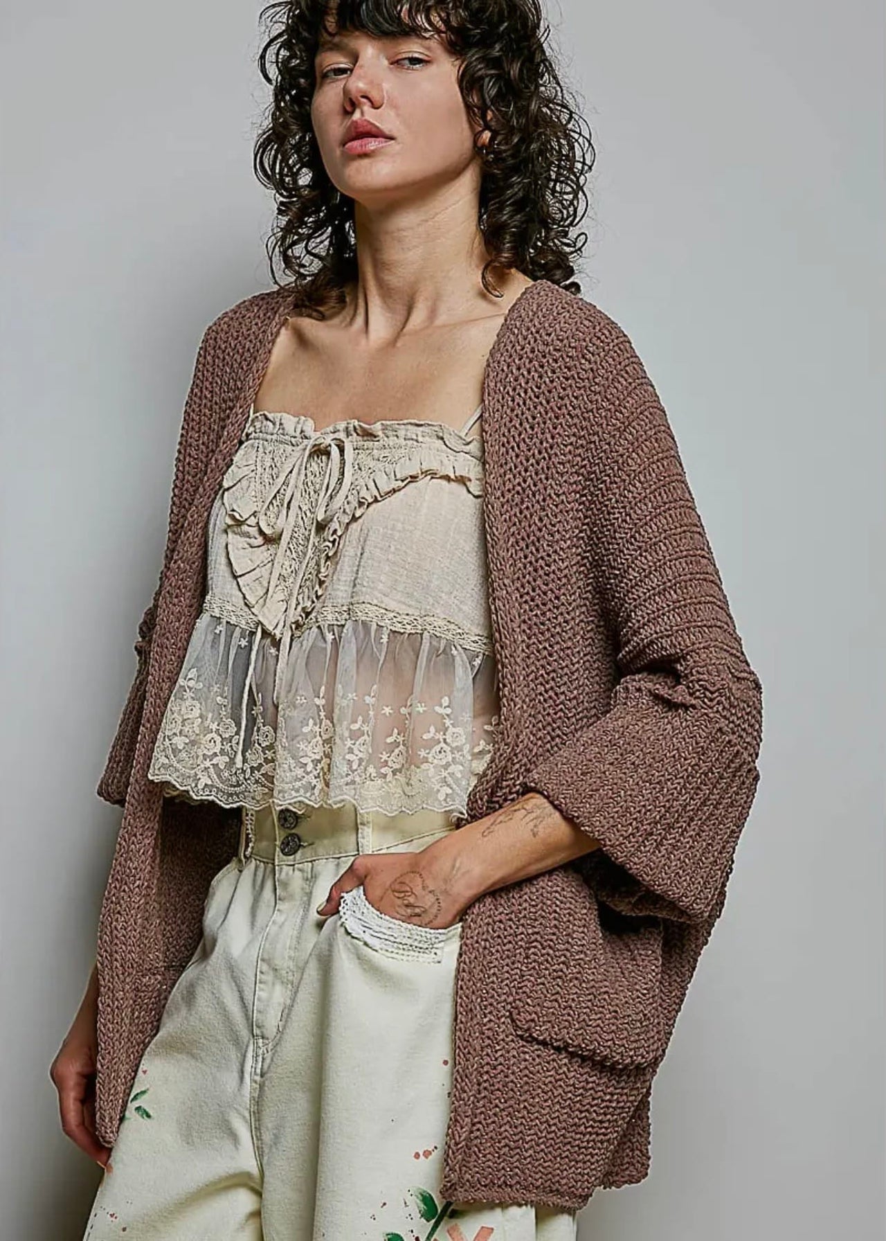 Soft Weave Open Sweater with Pockets in Chocolate Pol Clothing Cardigan S