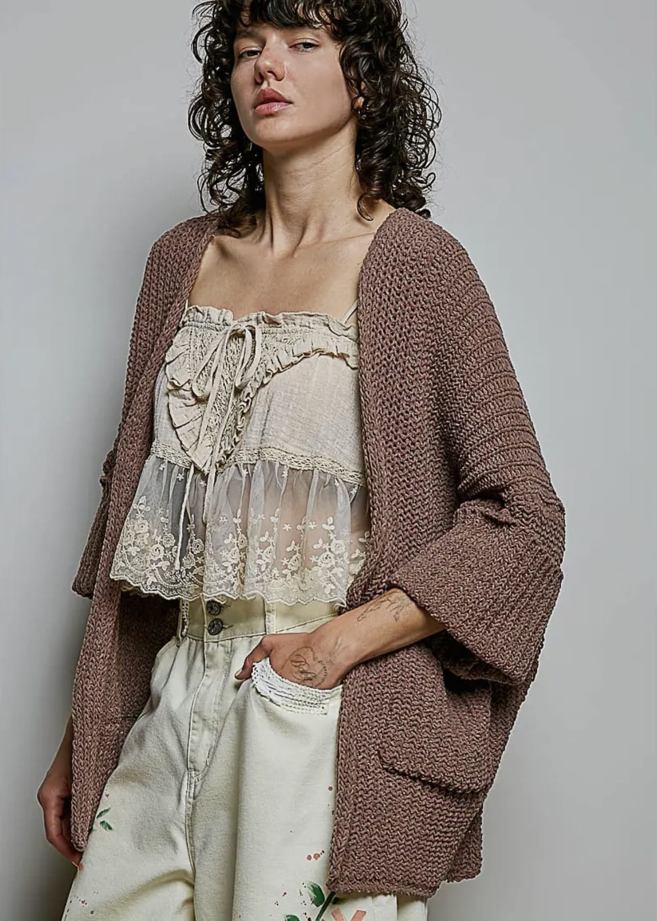 Soft Weave Open Sweater with Pockets in Chocolate Pol Clothing Cardigan S