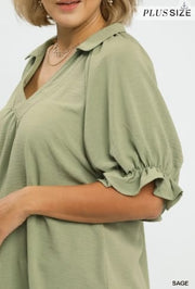 Solid Collared V-Neck Top, Plus Size, Sage Umgee Top