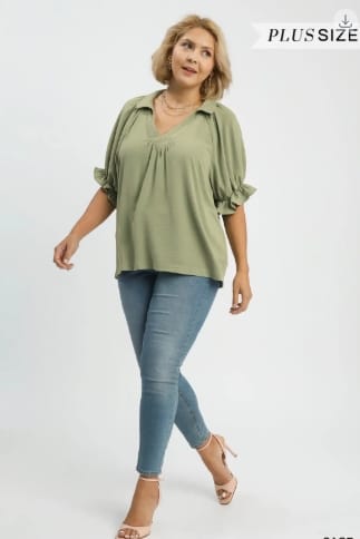 Solid Collared V-Neck Top, Plus Size, Sage Umgee Top