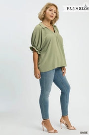 Solid Collared V-Neck Top, Plus Size, Sage Umgee Top