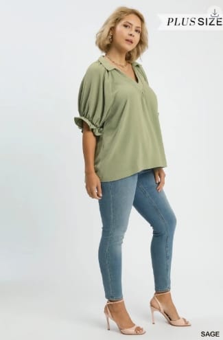 Solid Collared V-Neck Top, Plus Size, Sage Umgee Top