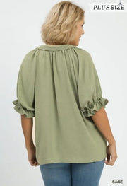 Solid Collared V-Neck Top, Plus Size, Sage Umgee Top