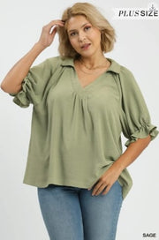 Solid Collared V-Neck Top, Plus Size, Sage Umgee Top XL