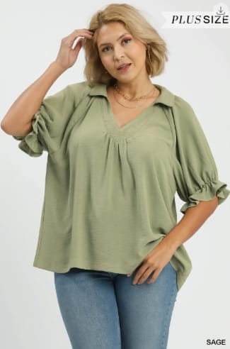 Solid Collared V-Neck Top, Plus Size, Sage Umgee Top XL