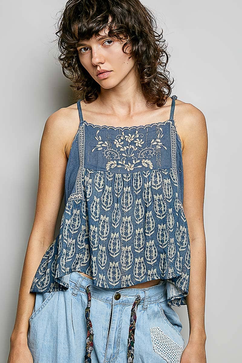 Spaghetti Strap Camisole Printed Embroidered Woven Top: INDIGO / S Pol Clothing