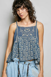 Spaghetti Strap Camisole Printed Embroidered Woven Top: INDIGO / S Pol Clothing