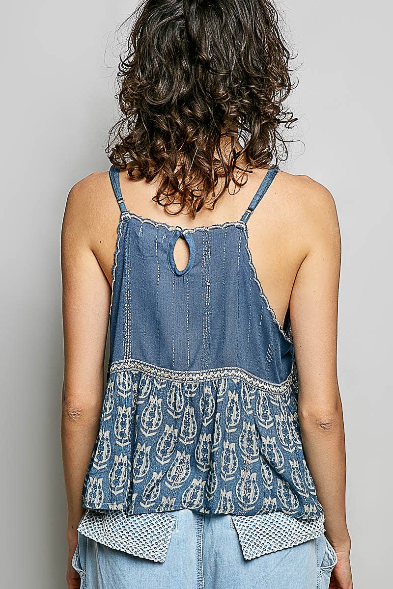 Spaghetti Strap Camisole Printed Embroidered Woven Top: INDIGO / S Pol Clothing