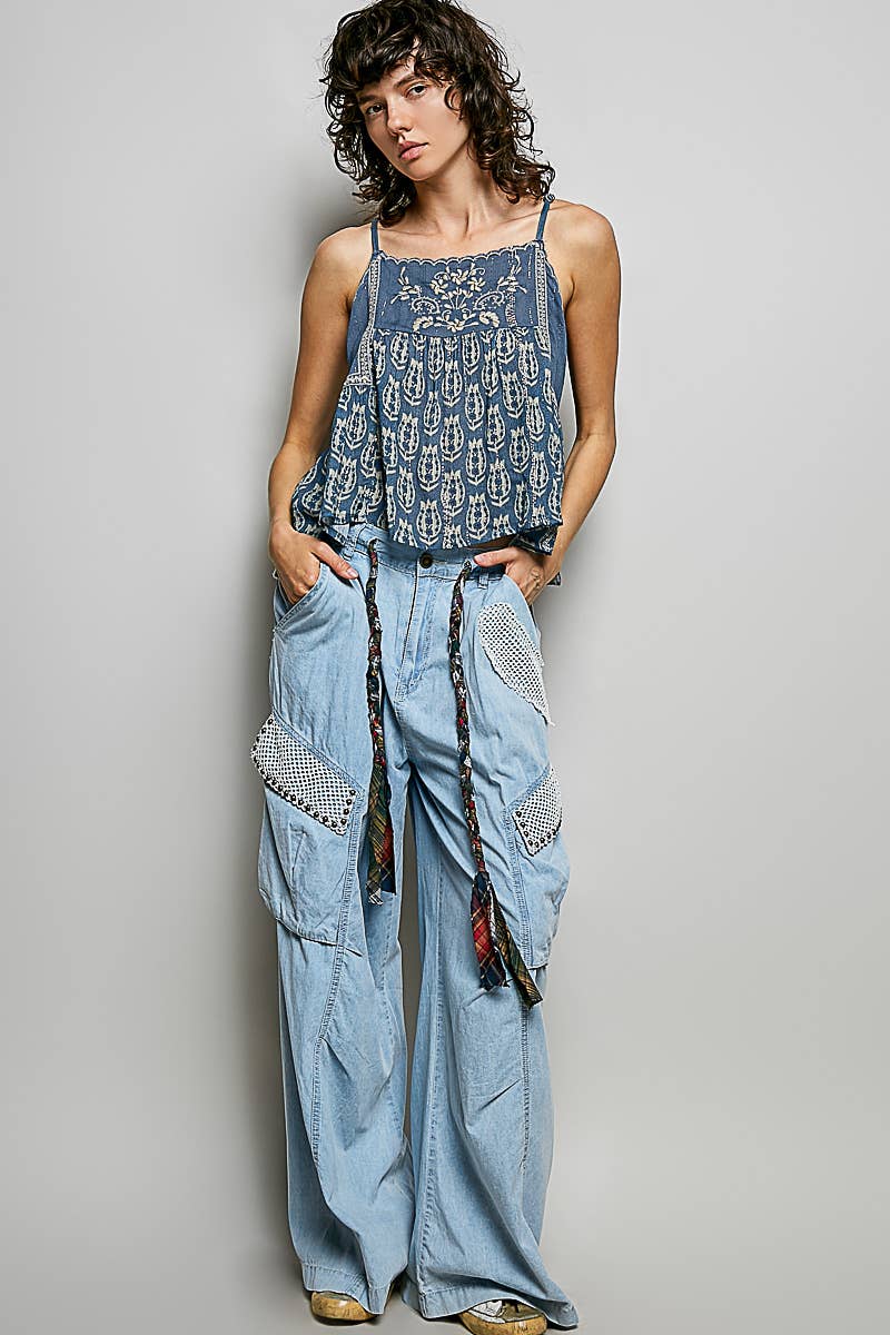 Spaghetti Strap Camisole Printed Embroidered Woven Top: INDIGO / S Pol Clothing