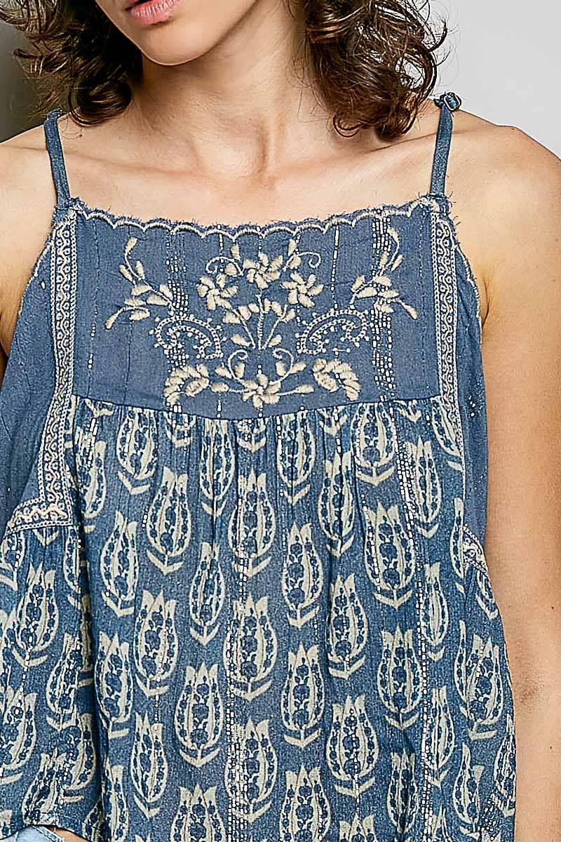 Spaghetti Strap Camisole Printed Embroidered Woven Top: INDIGO / S Pol Clothing