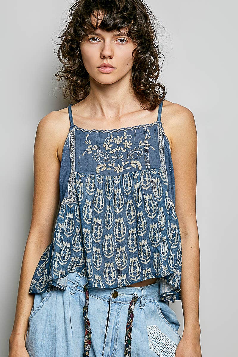 Spaghetti Strap Camisole Printed Embroidered Woven Top: INDIGO / S Pol Clothing