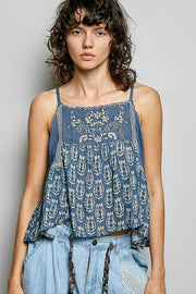 Spaghetti Strap Camisole Printed Embroidered Woven Top: INDIGO / S Pol Clothing