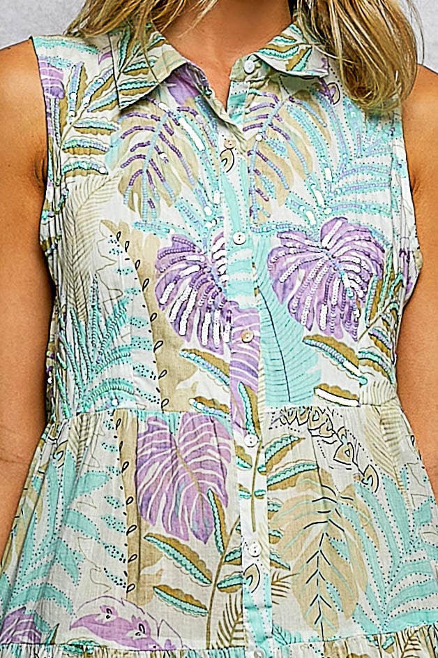 Spangle Shirred Ruffle Printed Woven Maxi Dress: CREAM/BLUE MULTI / S Pol Clothing